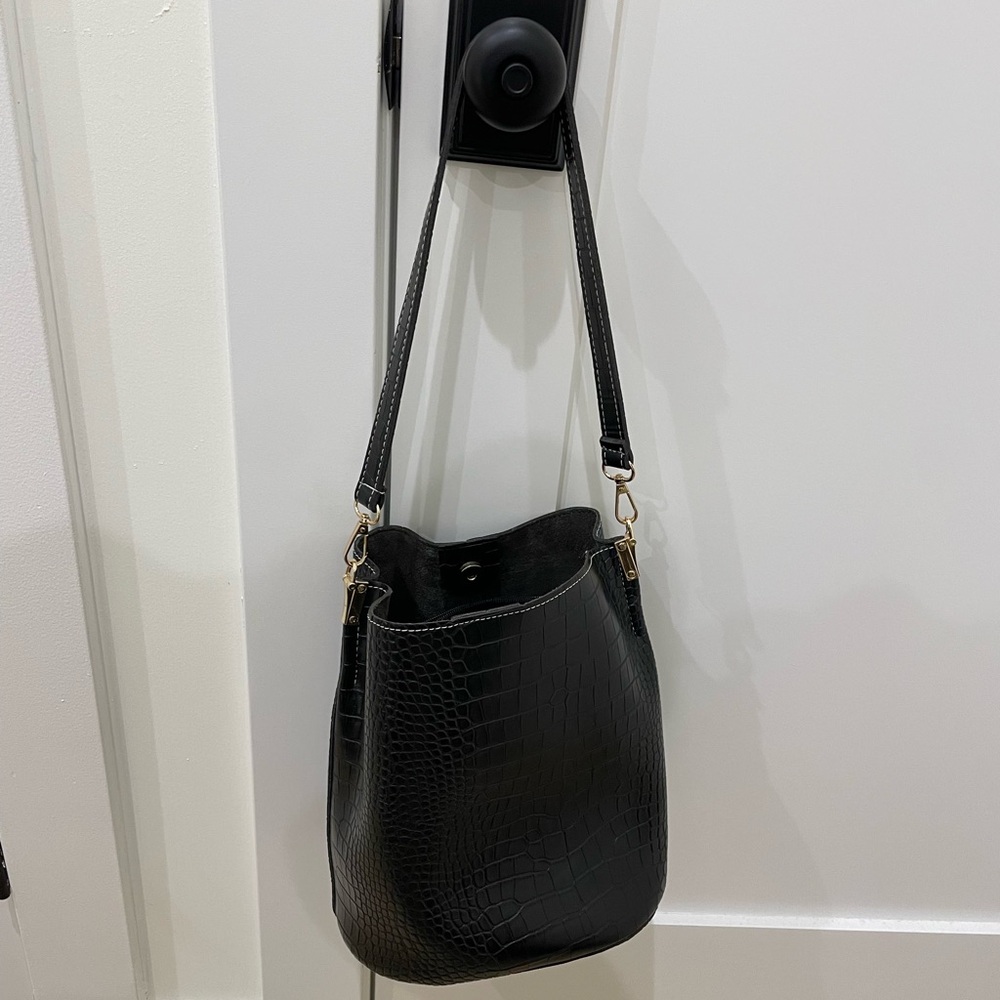 Black Croc-Embossed Shoulder Bag